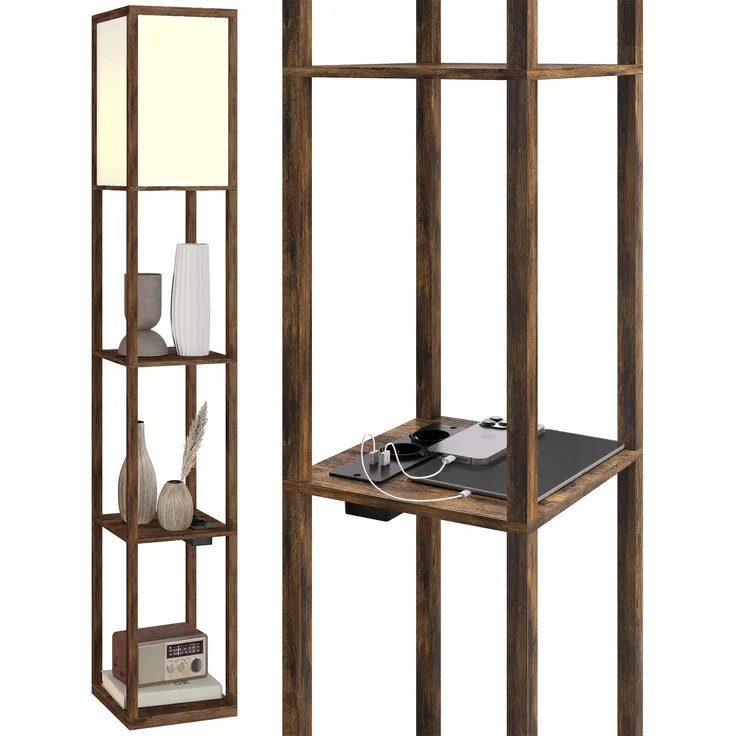 JARDJ Stehlampe mit Ablagen, dimmbarem Licht, Fußschalter und USB-Anschlüssen, Braun