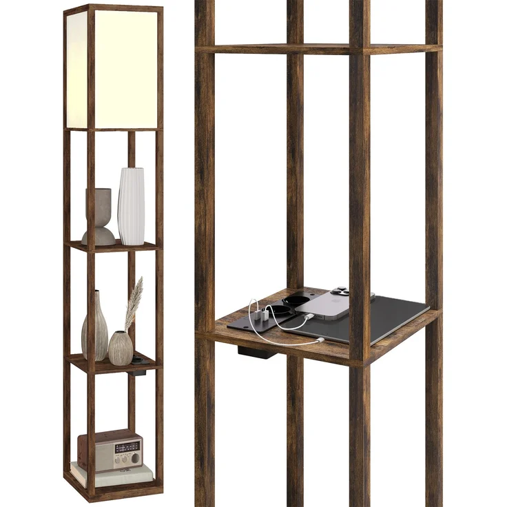 JARDJ Stehlampe mit Ablagen, dimmbarem Licht, Fußschalter und USB-Anschlüssen, Braun – Bild 1