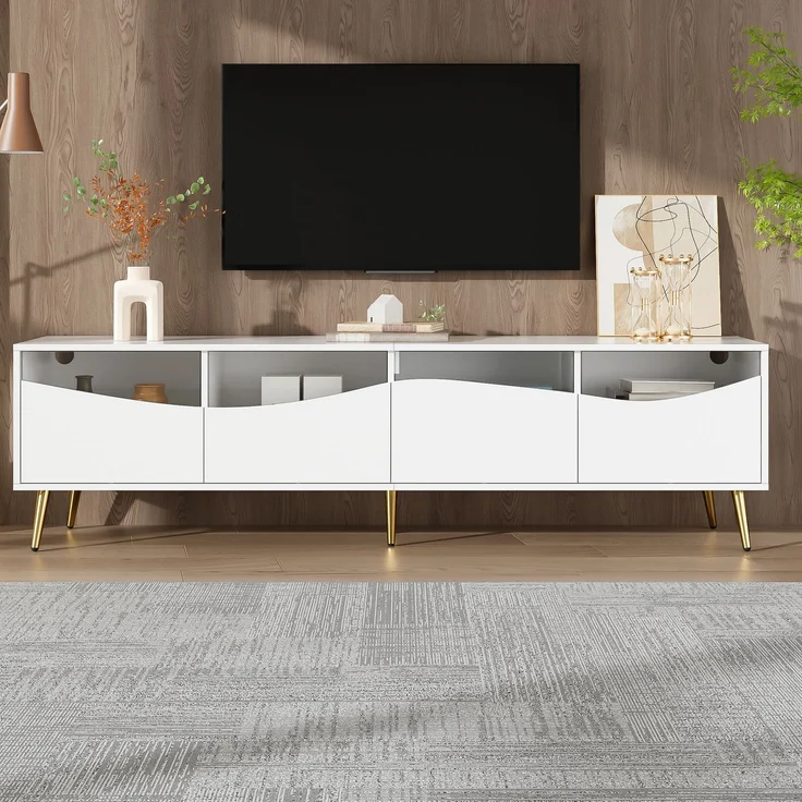 TV-Schrank mit LED, Lowboard 180 cm, Fernsehtisch weiß, Glasfront, Stauraum, Kabeldurchführung, Wohnzimmer – Bild 3