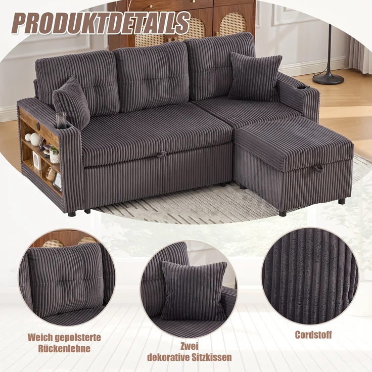 LVHOM Schlafsofa mit LED & USB, Ecksofa mit Ablagefächern, Schublade und Becherhaltern, Schlafcouch aus Cordstoff, frei Kombination, 196x144x85 cm – Bild 10