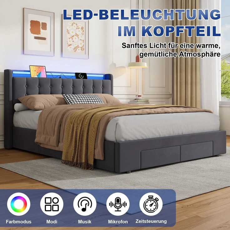 Polsterbett 160 x 200 cm, Samt, mit Bettkasten, Schubladen, USB-Anschluss und LED-Beleuchtung, Dunkelgrau – Bild 9