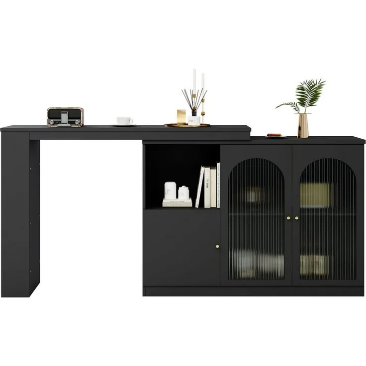 i@home Bartisch Um 360° drehbarer, Hauptkörper 120 x 40 x 97 cm (Bis 60 kg belastbar, Aufbewahrungsschrank mit Changhong-Glastür), moderner und einfacher schwarzer rotierender Ess- und Barschrank