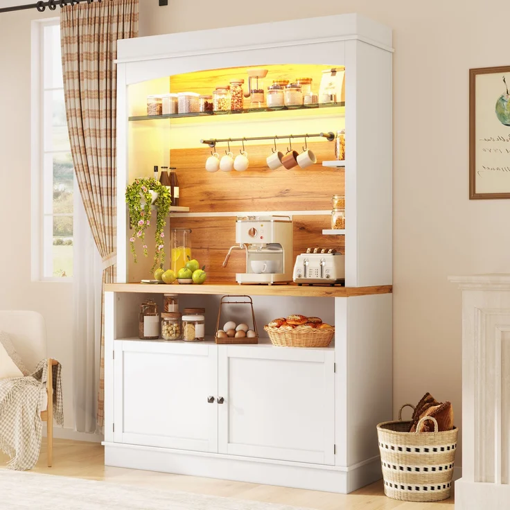 Set mit 2 Hochschränken mit LED-Beleuchtung, 184cm hoher Buffetschrank mit Glasregal & Hakenleiste, Weiß, belastbar bis 60kg--Weiß--107x34x184cm--YOUDENOVA – Bild 2