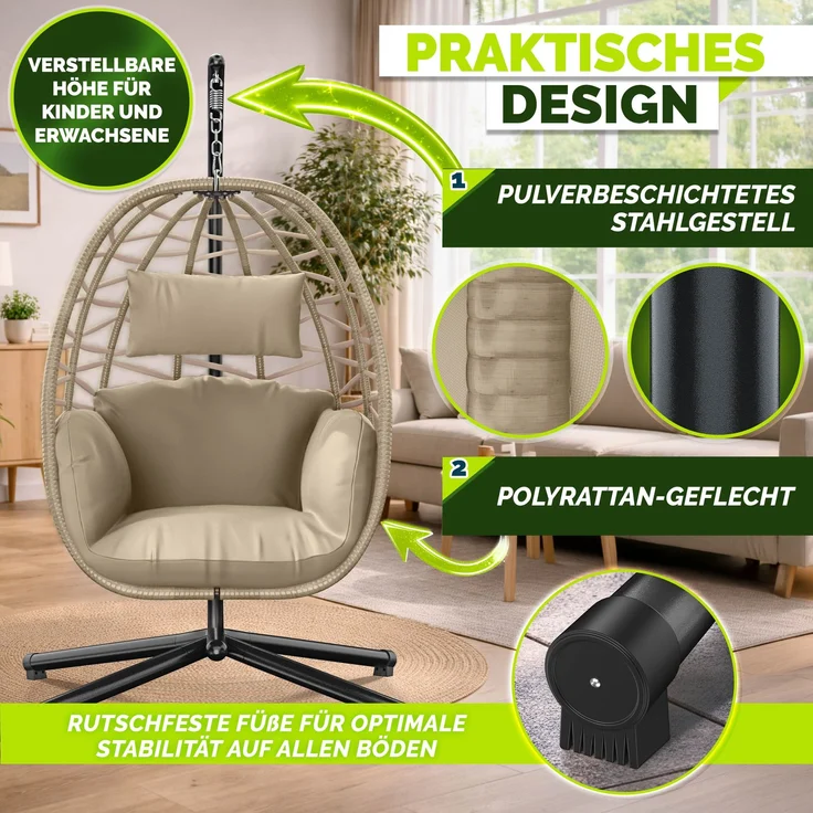 tillvex® Hängesessel mit Gestell Outdoor & wetterfester Abdeckung inkl. Befestigung | Hängekorb klappbar bis 150 kg | Hängesitz aus Rattan | Hängestuhl für Indoor Garten Balkon Terrasse – Bild 10