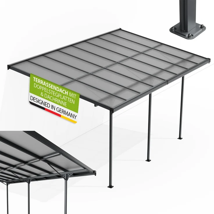 Juskys Terrassenüberdachung Borneo 5x3 m – Aluminium Terrassendach mit Doppelstegplatten Sonnenschutz Wandmontage Überdachung für Terrassen Dunkelgrau – Bild 1