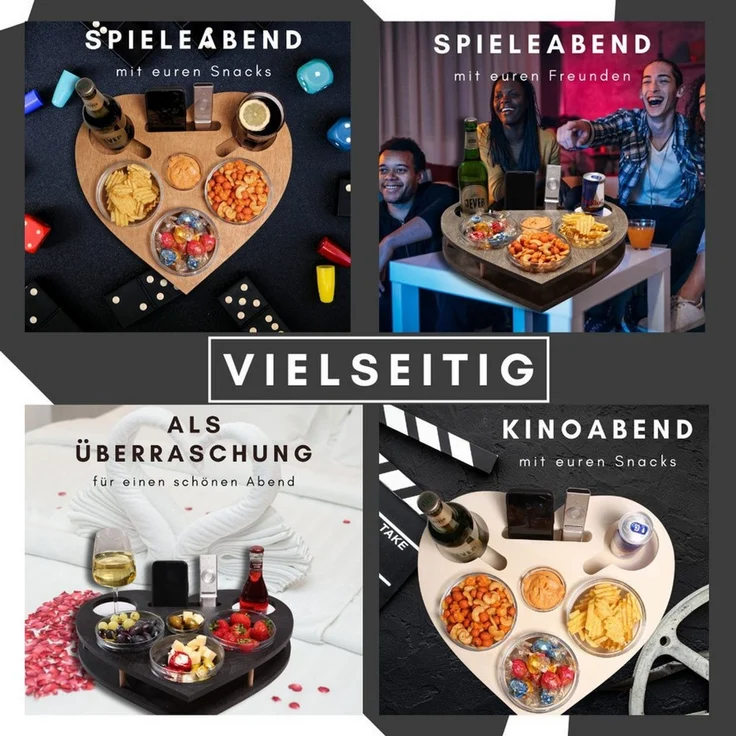 PEGSEN Servierplatte Couchbar Snackbox Herz mit 4 Snackschalen Sofa Tablett, Birkenholz, (lebensmittelechte Glasschalen), passend für Kaffeetassen, Weingläser & 0,5l Flaschen – Bild 3