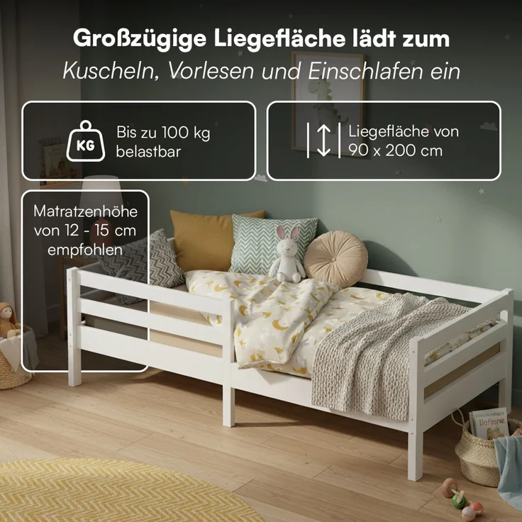 Bellabino 'Iskri' Kinderbett 90x200 cm mit Matratze, weiß, Massivholz Kiefer, Jugendbett mit Rausfallschutz und Lattenrost – Bild 3