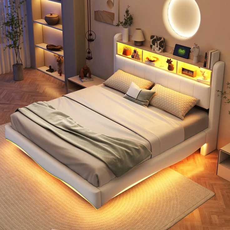 Beiges Schwebebett 160x200 cm Mit LED Beleuchtung Und USB Type C Anschlüssen Doppelbett Mit Stauraum Modernes Design 250 Kg Tragkraft – Bild 3
