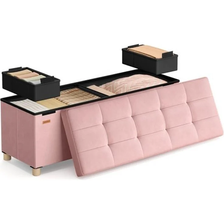 SONGMICS Sitzbank mit Stauraum, Hocker faltbar, 38 x 110 x 40 cm, Aufbewahrungsbox mit Deckel, Fußhocker 112 L, Samt, bis 300 kg belastbar, Flur Wohnzimmer Schlafzimmer – Bild 1