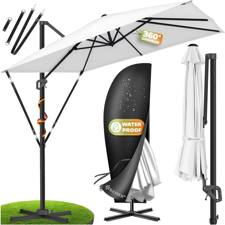 KESSER® Sonnenschirm Ampelschirm SUN XL 300 x 300 cm Inkl. Abdeckung +Windsicherung Drehbar Neigbar Kippbar Marktschirm Groß 360° Rotation, Gartenschirm mit Kurbel Sonnenschutz UV50+ Weiß, Ohne LED