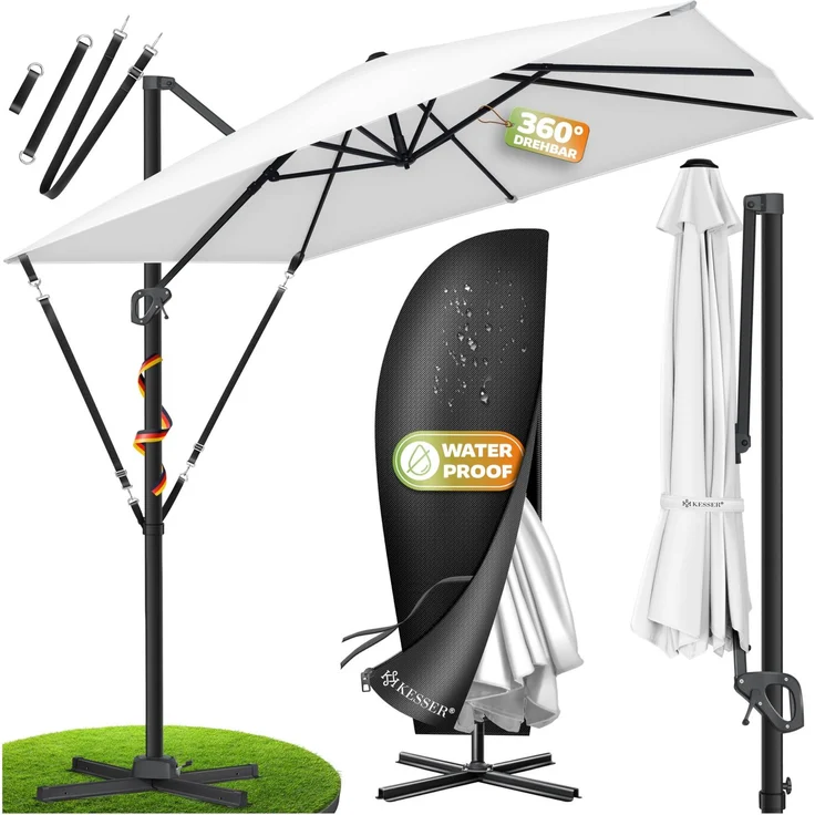 KESSER® Sonnenschirm Ampelschirm SUN XL 300 x 300 cm Inkl. Abdeckung +Windsicherung Drehbar Neigbar Kippbar Marktschirm Groß 360° Rotation, Gartenschirm mit Kurbel Sonnenschutz UV50+ Weiß, Ohne LED – Bild 1