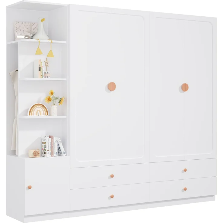 Kleiderschrank 225 x 45 x 200 cm in Weiß mit 3 Kleiderstangen und 4 Schubladen – Bild 6