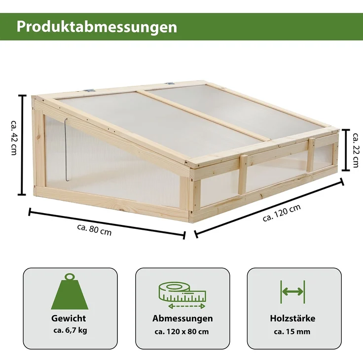 Baumarktplus Frühbeetaufsatz aus Holz, Gewächshaus für Hochbeet, natur, 120x80cm – Bild 3