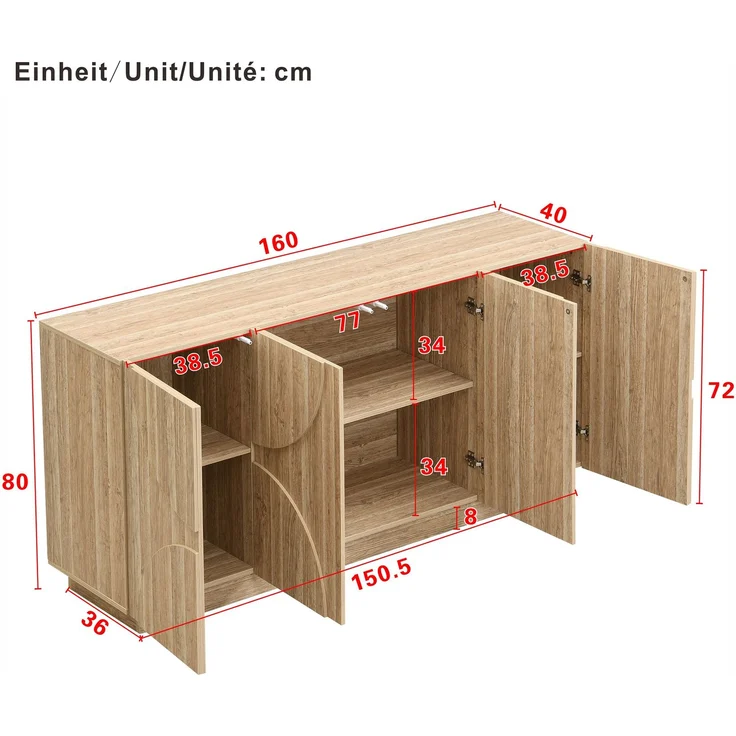 DESVIAE Sideboard mit flexiblen Einlegeböden und Feder-Türen 160x80x40 cm Spanplatte Natur – Bild 10