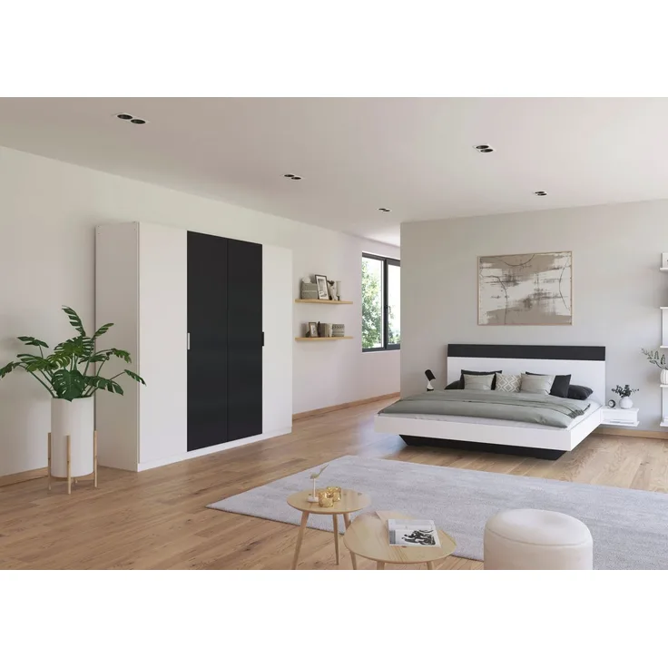 Schlafzimmer Monza Weiß mit Drehtürenschrank mit oder ohne Spiegel im Dekor Weiß und Grau Metallic – in verschiedenen Varianten wählbar - 4 teilig , Kleiderschrank ohne Spiegel + Bett 180x200cm + 2 Nachttisch