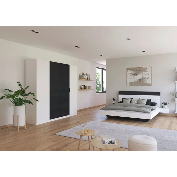 Schlafzimmer Monza Weiß mit Drehtürenschrank mit oder ohne Spiegel im Dekor Weiß und Grau Metallic – in verschiedenen Varianten wählbar - 4 teilig , Kleiderschrank ohne Spiegel + Bett 180x200cm + 2 Nachttisch