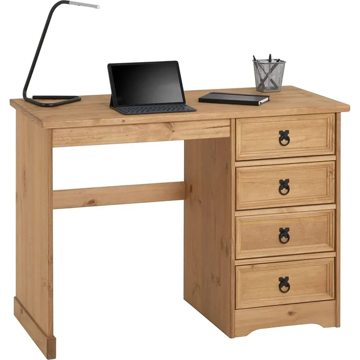 CARO-Möbel Schreibtisch Salsa im Mexiko Stil, eleganter Computertisch aus massiver Kiefer, Bürotisch mit Schubladen, gebeizt und gewachst