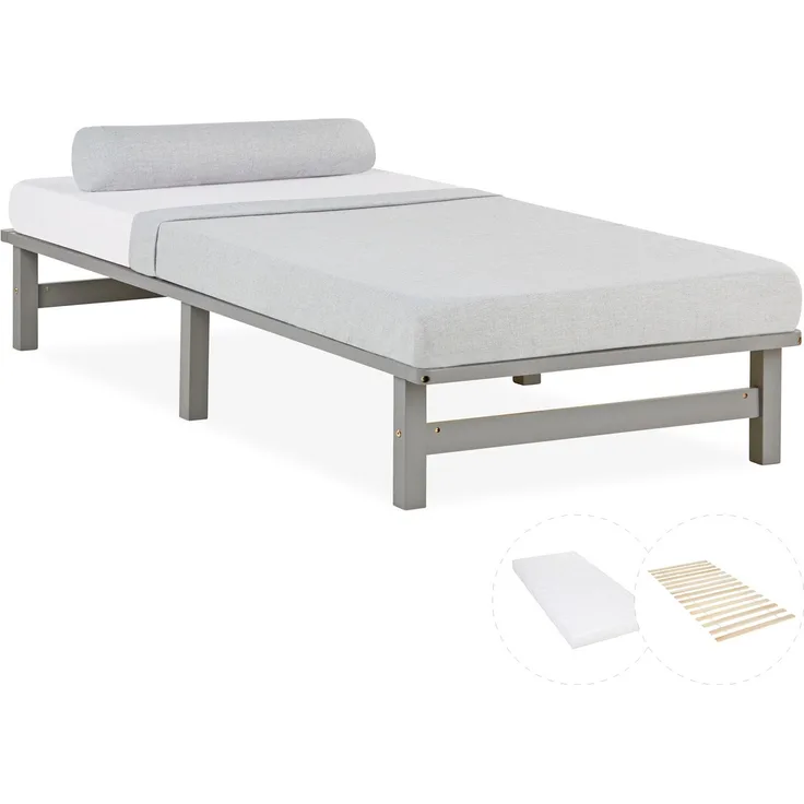Holzbett 90x200 mit Matratze Holzbettrahmen Grau Palettenbett Einzelbett Bett Massiv Holz Bettgestell