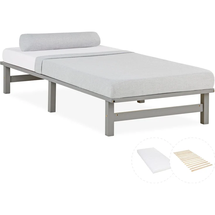 Holzbett 90x200 mit Matratze Holzbettrahmen Grau Palettenbett Einzelbett Bett Massiv Holz Bettgestell – Bild 1