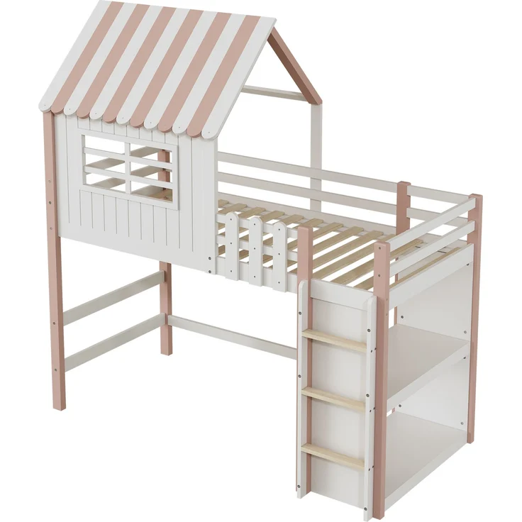 Kinderbett, hoch und niedrig Bett für Jungen und Mädchen Heimbett Dachform mit Sicherheitsleiter mit Ablagefach Multifunktionsbett, Massivholzbett mit Lattenrost, Rosa, 90 x 200 cm – Bild 2