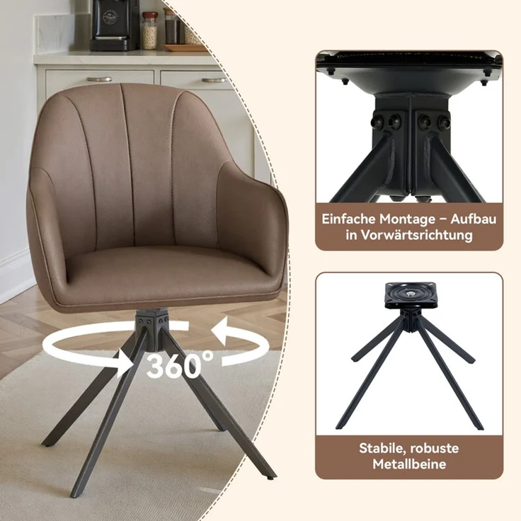Hawthyhome 4-Fußstuhl Esszimmerstuhl drehbar mit Armlehne, 360° Drehfunktion, Kunstlederbezug, stabiles schwarzes Metallgestell, moderner Küchenstuhl für Esszimmer, Wohnzimmer, Büro & Homeoffice, Braun – Bild 3