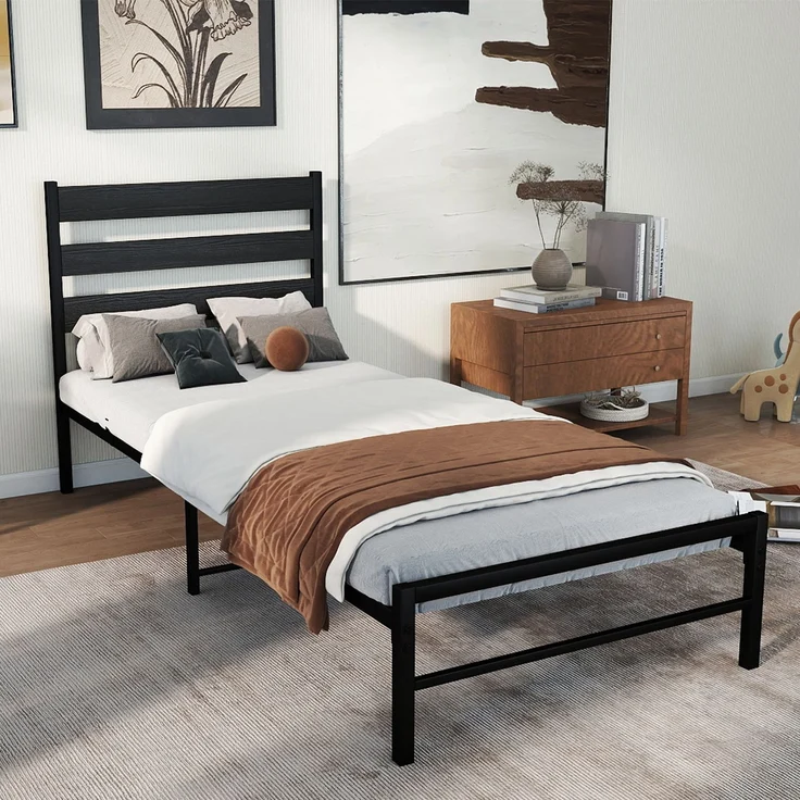 Einzelbett aus Metall mit MDF-Kopfteil, ohne Matratze, 90x200 cm, Schwarz – Bild 4