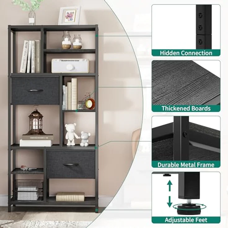 YITAHOME Bücherregal mit Schubladen, 7-stöckiges Standregal mit Stahlrahmen, Bodenstehendes Lagerregal, Industrieregal Aufbewahrungsregal, für Wohnzimmer, Büro, Flur, Küche, Schwarz Regal – Bild 6