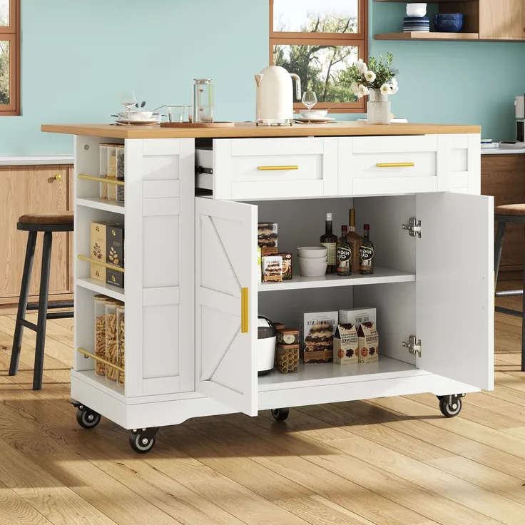 Servierwagen Kücheninsel MDF ausziehbar klappbar 120cm Skandinavisch 3D-Schranktüren Metallgriffe,Weiß