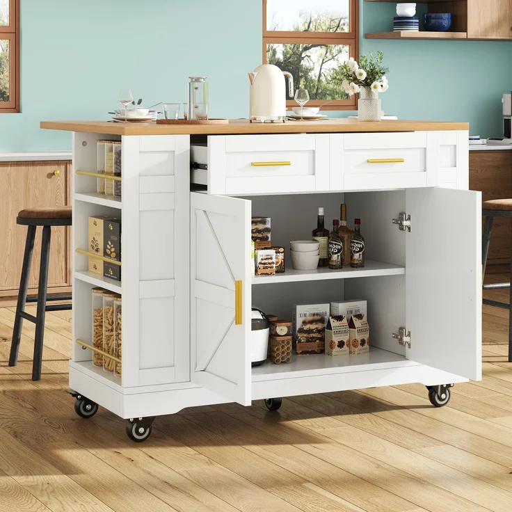 Servierwagen Kücheninsel MDF ausziehbar klappbar 120cm Skandinavisch 3D-Schranktüren Metallgriffe,Weiß – Bild 1