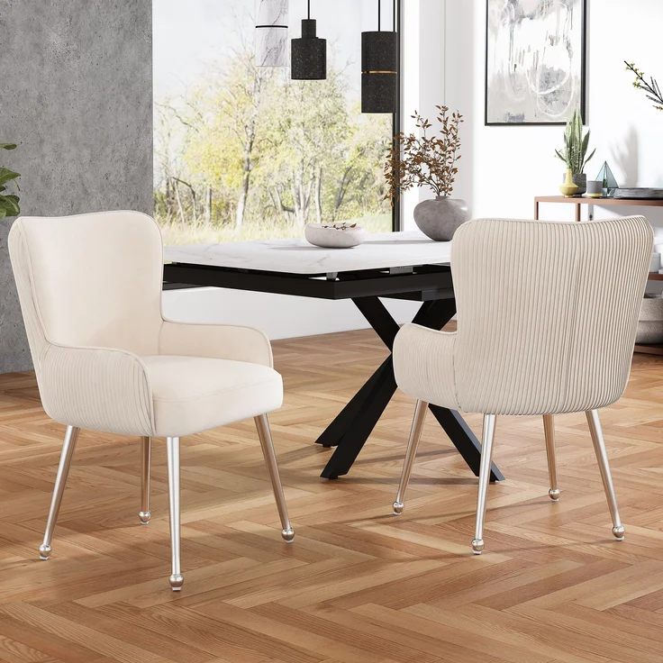 2er-Set Samt-Esszimmerstühle mit Armlehnen, beige/silber, 53x57x83 cm – Bild 2