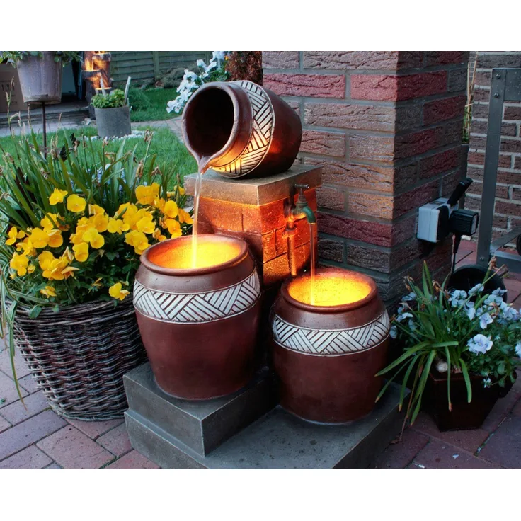 Arnusa Gartenbrunnen Springbrunnen Krüge SB106 Gartendekoration Landhaus Wasserspiel, mit LED Beleuchtung Komplett Set