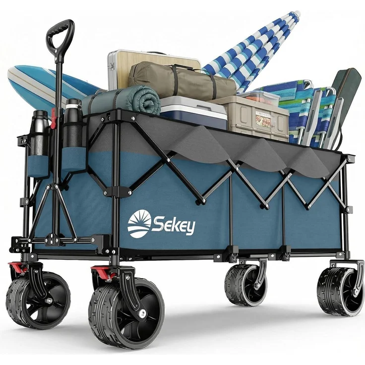 Sekey XXXL Verlängerter Bollerwagen Faltbar Handwagen mit Extra Breite 17x10 cm All-Terrain-Räder, 300L 200KG Belastbar, Blau – Bild 1