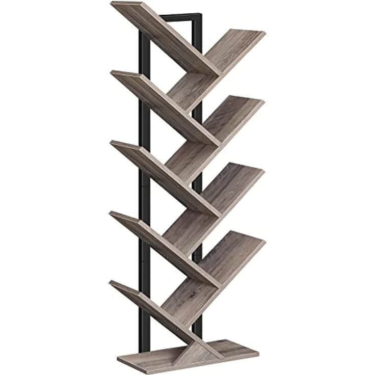 HOOBRO Bücherregal, Standregal mit 9 Ebenen, Holz DVD Regal, in Baumform, Metallgestell, für Wohnzimmer, Arbeitszimmer, Kinderzimmer, Greige EBG08SJ01G1 – Bild 2