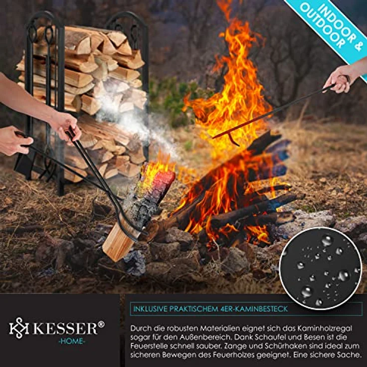 KESSER® Kaminholzregal 5-teiliges Set Kaminholzständer Feuerholzablage Brennholzregal Innen und Aussen Metall 2 Ebenen mit 4 Kaminwerkzeug für Kamin & Ofen, Stahl 40 x 30 x 74,5 cm Verstellbare Schwarz – Bild 5