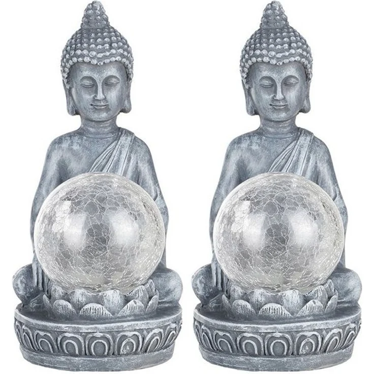 Haushalt International LED Solarleuchte, LED-Leuchtmittel fest verbaut, Farbwechsel, LED Solarleuchte Außenlampe Buddha Figur mit crackle Glaskugel 2er Set – Bild 4