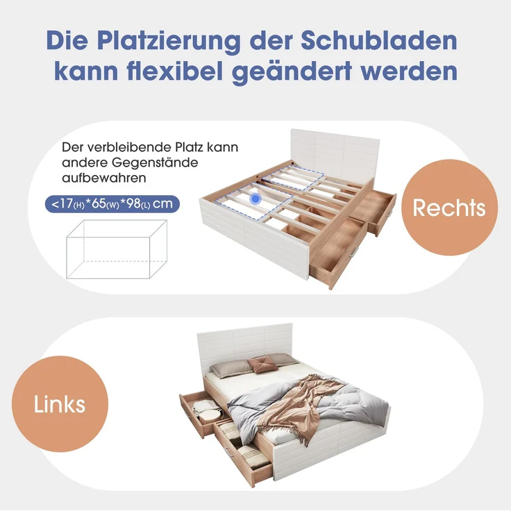 Doppelbett 140x200 cm Weiß Eiche, Bettgestell mit 2 Schubladen, Massivholzrahmen, Stauraumbett mit Lattenrost,inklusive Matratze – Bild 6
