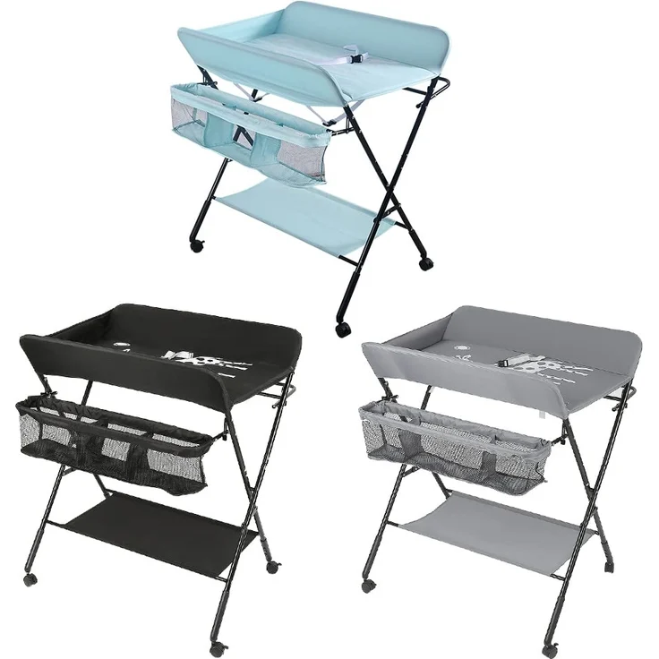 Faltbare Baby Wickelunterlage mit stabiler Struktur, Wickeltisch für Kinder, platzsparender Wickeltisch für Windelwechsel, 4 Rollen mit Bremse, mit Staufächern (80 x 66 x 98 cm) – Bild 2