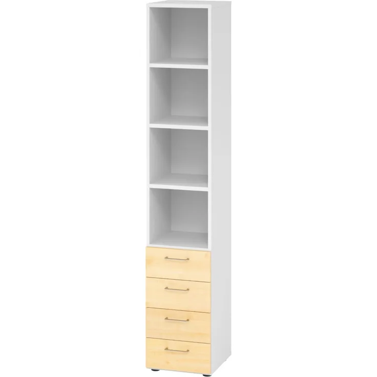 bümö smart Schubladenschrank, Büroschrank in Weiß/Ahorn mit 4 Schüben & 4 Regalfächern - Bürocontainer aus Holz, Container mit Metallgriffen & Soft-Stop Schubladen, 964S4-W-3-BS