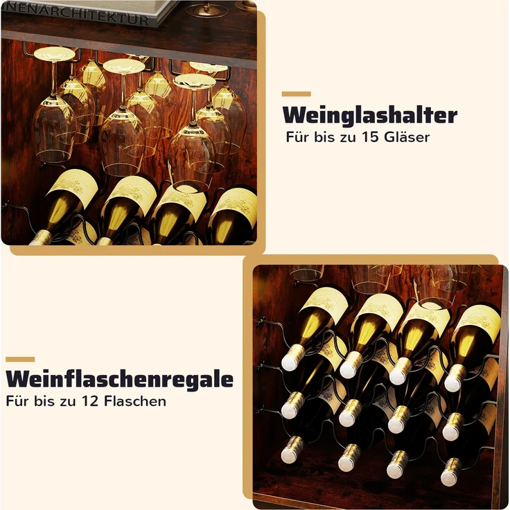 Barschrank mit LED-Beleuchtung & Fernbedienung Weinschrank mit verstellbaren Regalen Rustikal Braun – Bild 5