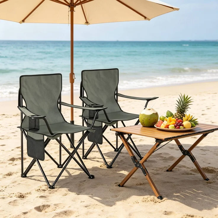 Campingstuhl-Set, klappbar mit Getränkehalter & Seitentasche, 47x76x80,5 cm, Dunkelgrau – Bild 3