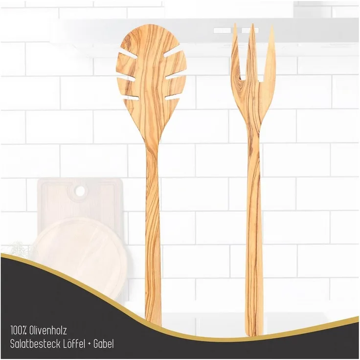 Lantelme Salatbesteck Olivenholz Set Salatlöffel Salatgabel Küchenhelfer Servierbesteck Holz (2-tlg, 2 Stück im Set), Olivenholz, Gabel und Löffel im Set, Naturschnitt