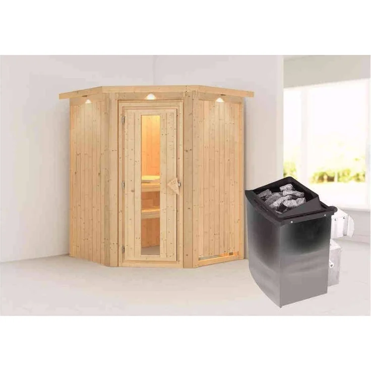 Karibu Sauna Larin mit Dachkranz + 9kW Saunaofen mit integrierter Steuerung Energiespartür – Bild 2