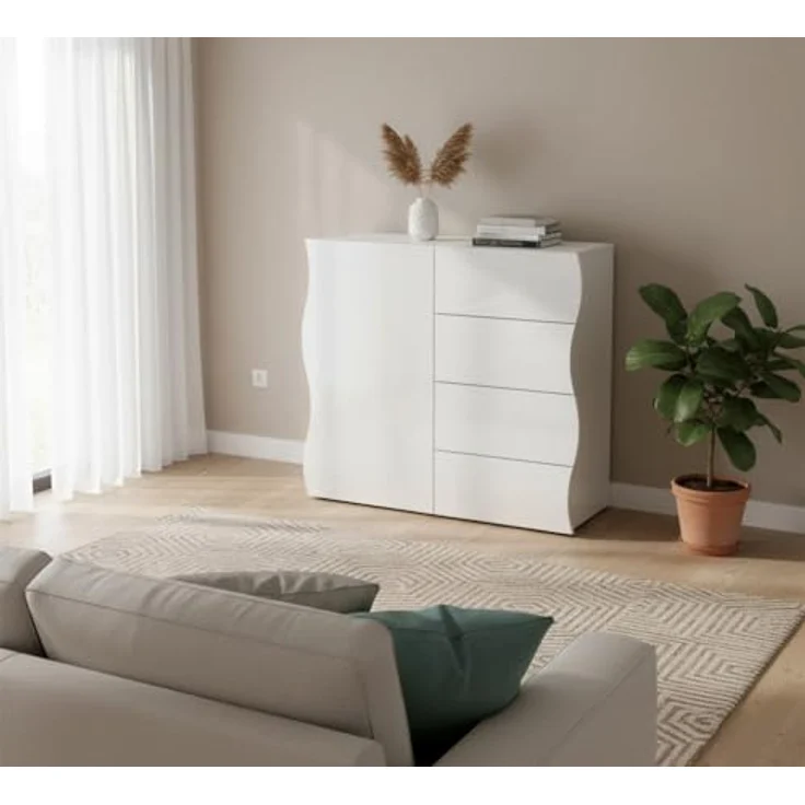 Dmora - Kommode Giuseppe, Küchen-Sideboard mit 4 Türen und 1 Schublade, Wohnzimmer-Buffet, 100 % Made in Italy, 90 x 40 x 81 cm, glänzendes Weiß, – Bild 7