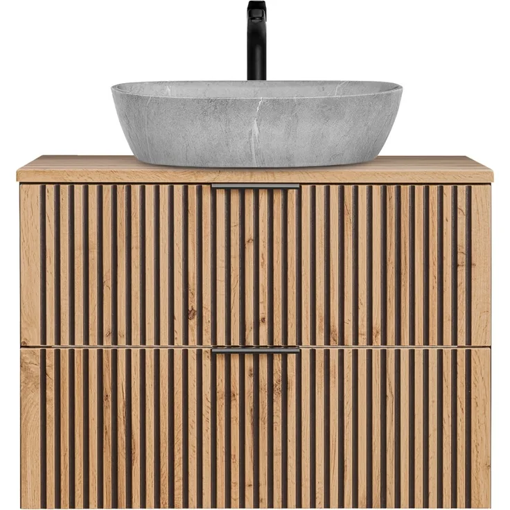 Waschtisch schwarz gerillt 80 cm mit Aufsatzwaschbecken Beton Optik XANTEN-56 in anthrazit mit Eiche Nb, B/H/T: ca. 80,6/72,7/46,5 cm