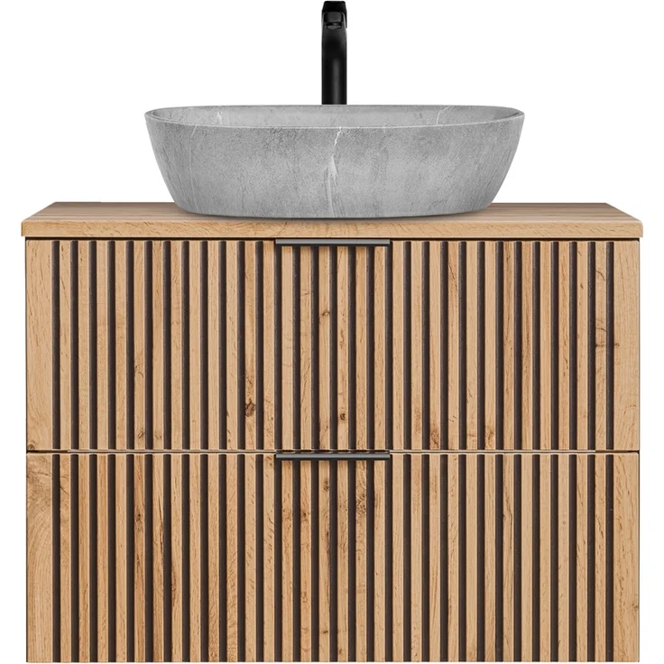 Waschtisch schwarz gerillt 80 cm mit Aufsatzwaschbecken Beton Optik XANTEN-56 in anthrazit mit Eiche Nb, B/H/T: ca. 80,6/72,7/46,5 cm – Bild 1