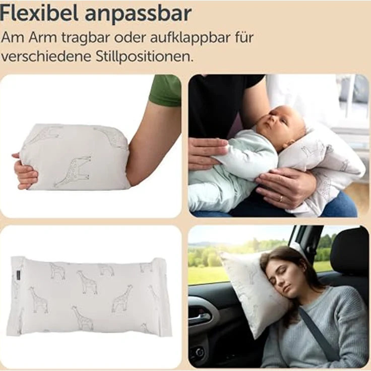LaLoona Reisestillkissen, 2in1 Stillmuff und Komfortkissen für Unterwegs, Giraffen - Taupe, kompakt und waschbar – Bild 4