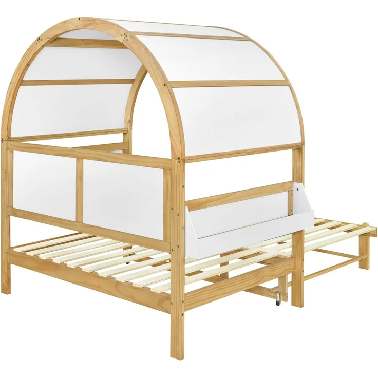 Gewölbedachbett erweiterbar mit Ausziehbett Funktion, Holzhaus Design aus Kiefer MDF, weiß-natur – Bild 10