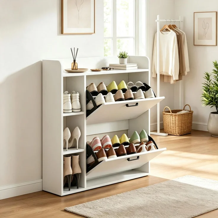 ZUBALIYA Schuhschrank (83 x 24 x 90,5 cm), 2 Schubladen, Verstellbare Einlegeböden, Stauraum für Flur und Eingangsbereich, Weiß – Bild 3