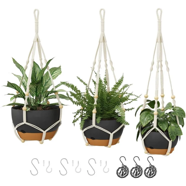 Blumenampeln Makramee 3er Set Selbstbewässerung Kette Schwarz – Bild 1
