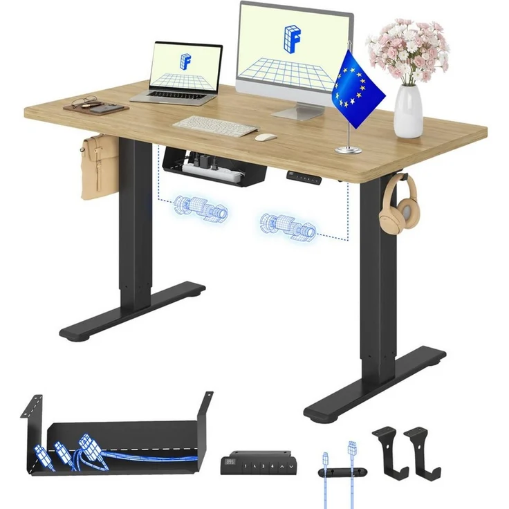 FLEXISPOT Schreibtisch Basic Plus höhenverstellbarer Schreibtisch mit Premium-Zubehör-Set (2 Motore & 2-Fach-Teleskop & 4 Höhenspeichertasten), MIT 25MM einteiliger Tischplatte, MADE in EU, 120/140/160/180
